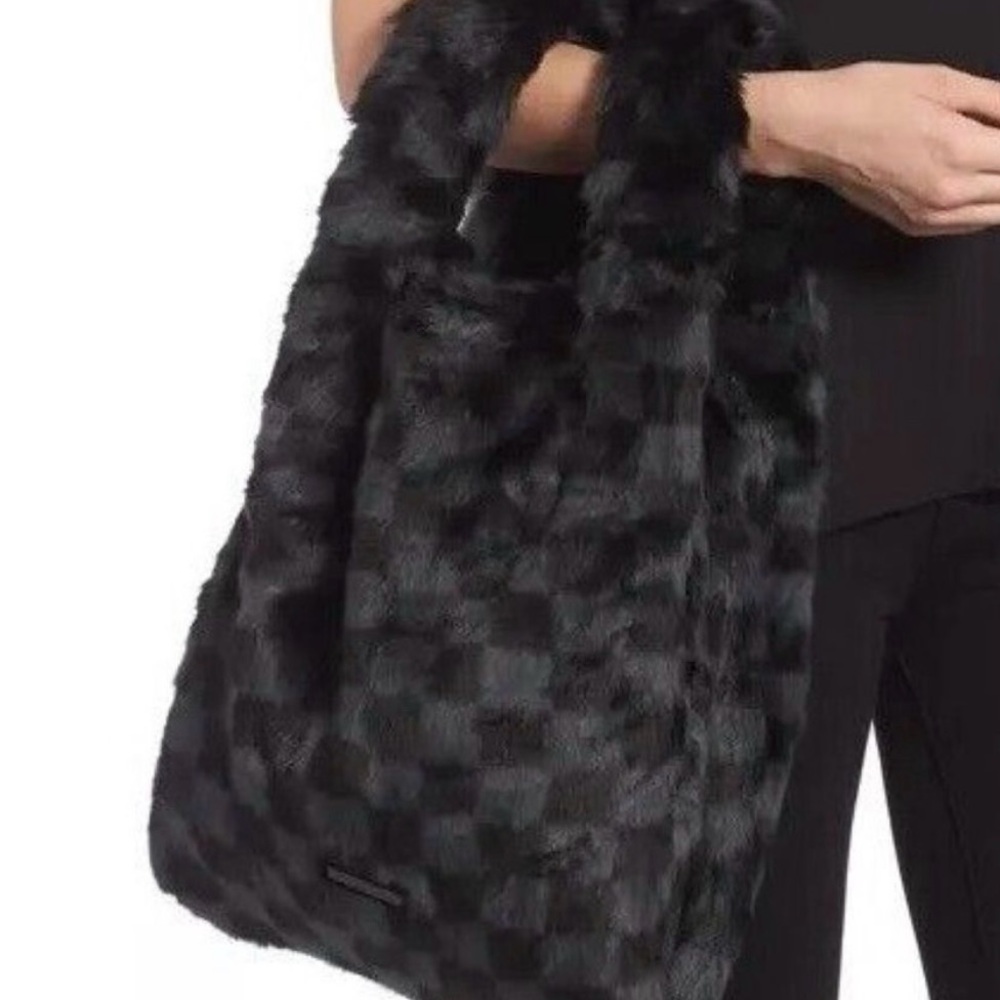 Kendall & Kylie Black Faux-Fur Checker Shoulder Bag